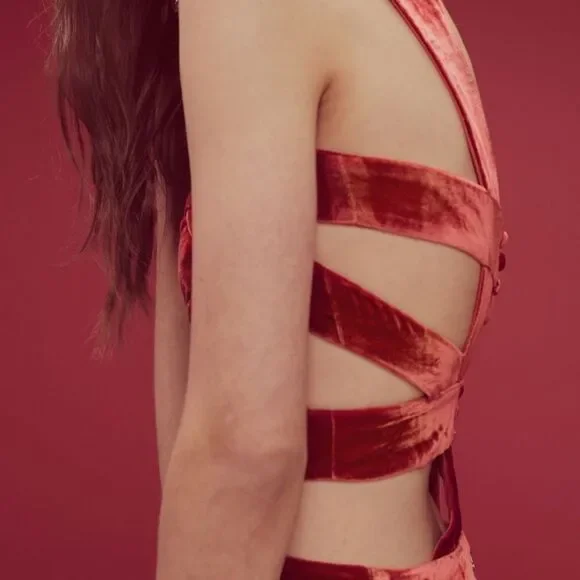 For Love & Lemons Rust Red Kate Velvet Strappy Cutout Overall‎ Mini Dress L - Picture 4 of 10